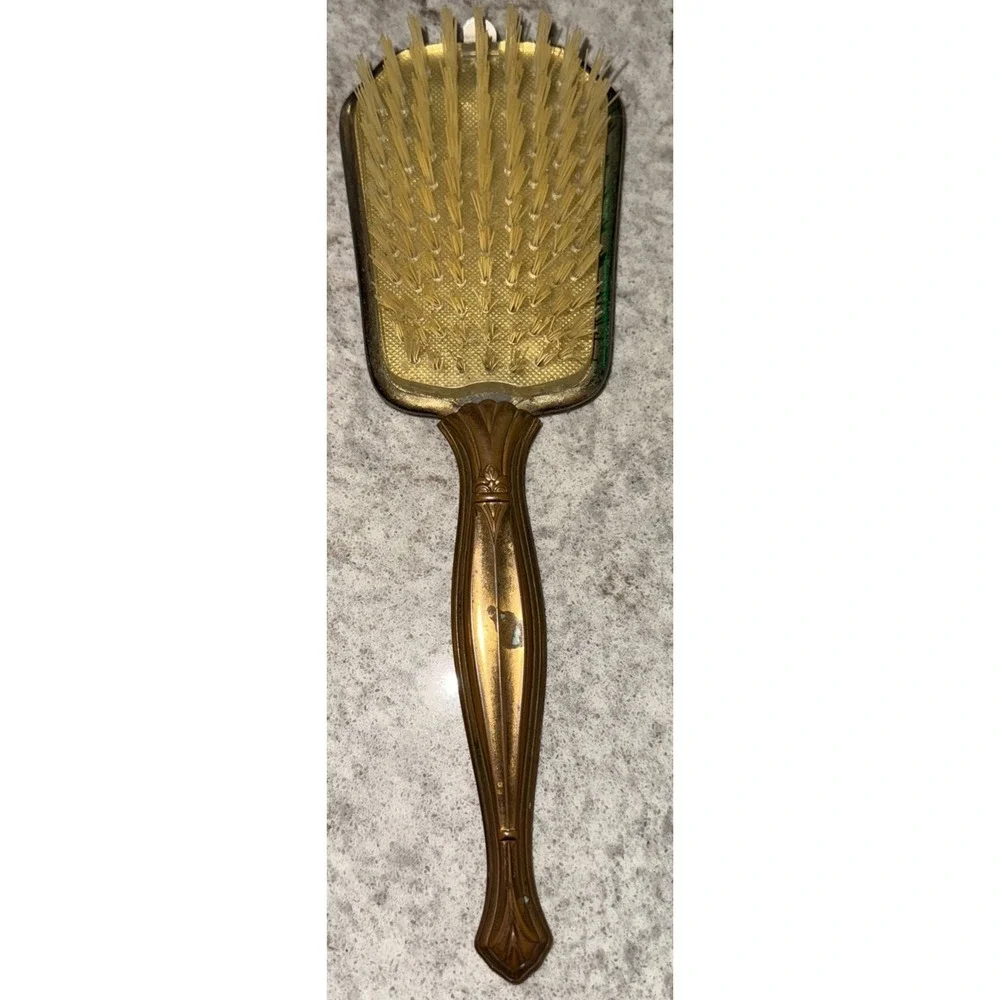 Vintage Victorian Hair Brush Copper Handle 3D Flower Accents Removable Brush